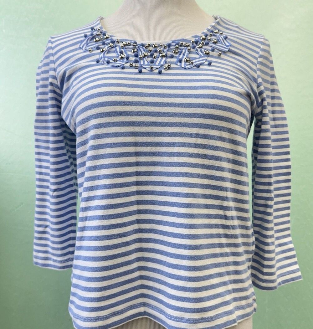 Ruby Rd Womens Petite Medium PM Blue White Striped Beaded Neck 3/4 Sleeve Top